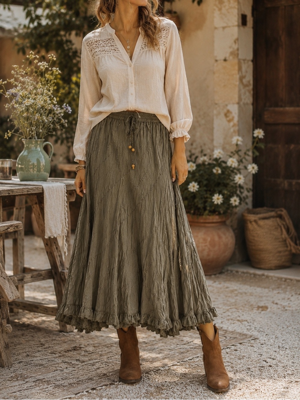 Young Threads Olive Green Boho Maxi Skirt Size Medium NWT